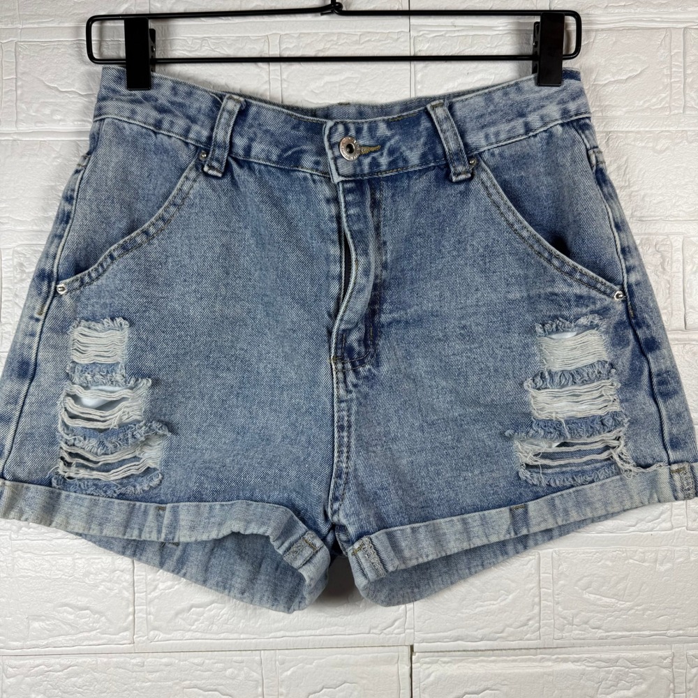 Distressed Denim Shorts Women Size 6 Light Wash High Waisted Cuffed